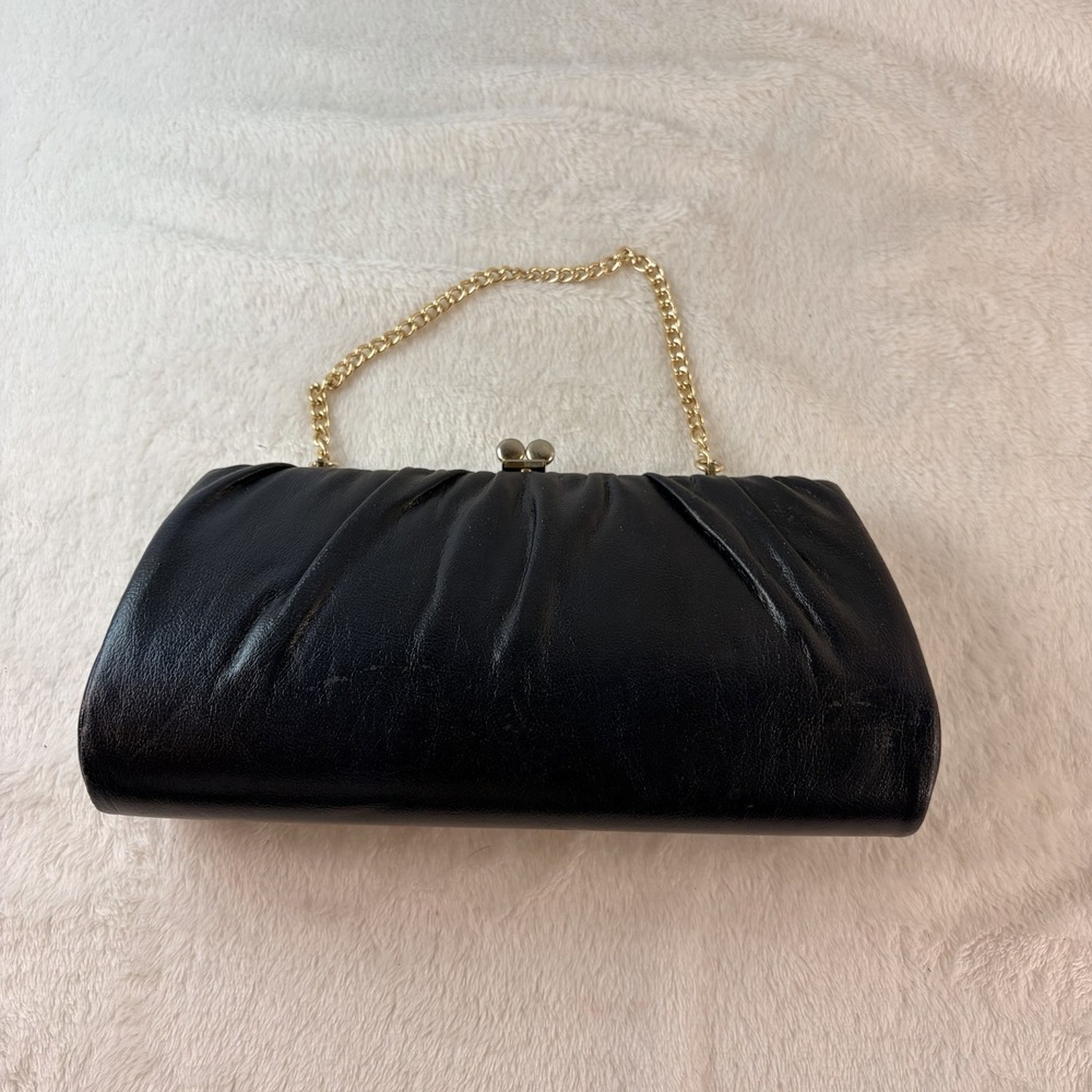 Vintage 60s Navy Ruched Clutch Evening Bag Gold Tone Kiss Lock Frame Chain Strap